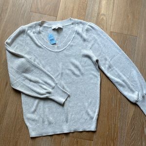 New LOFT Ann Taylor L petite soft sweater ribbed puff sleeve oatmeal Heather